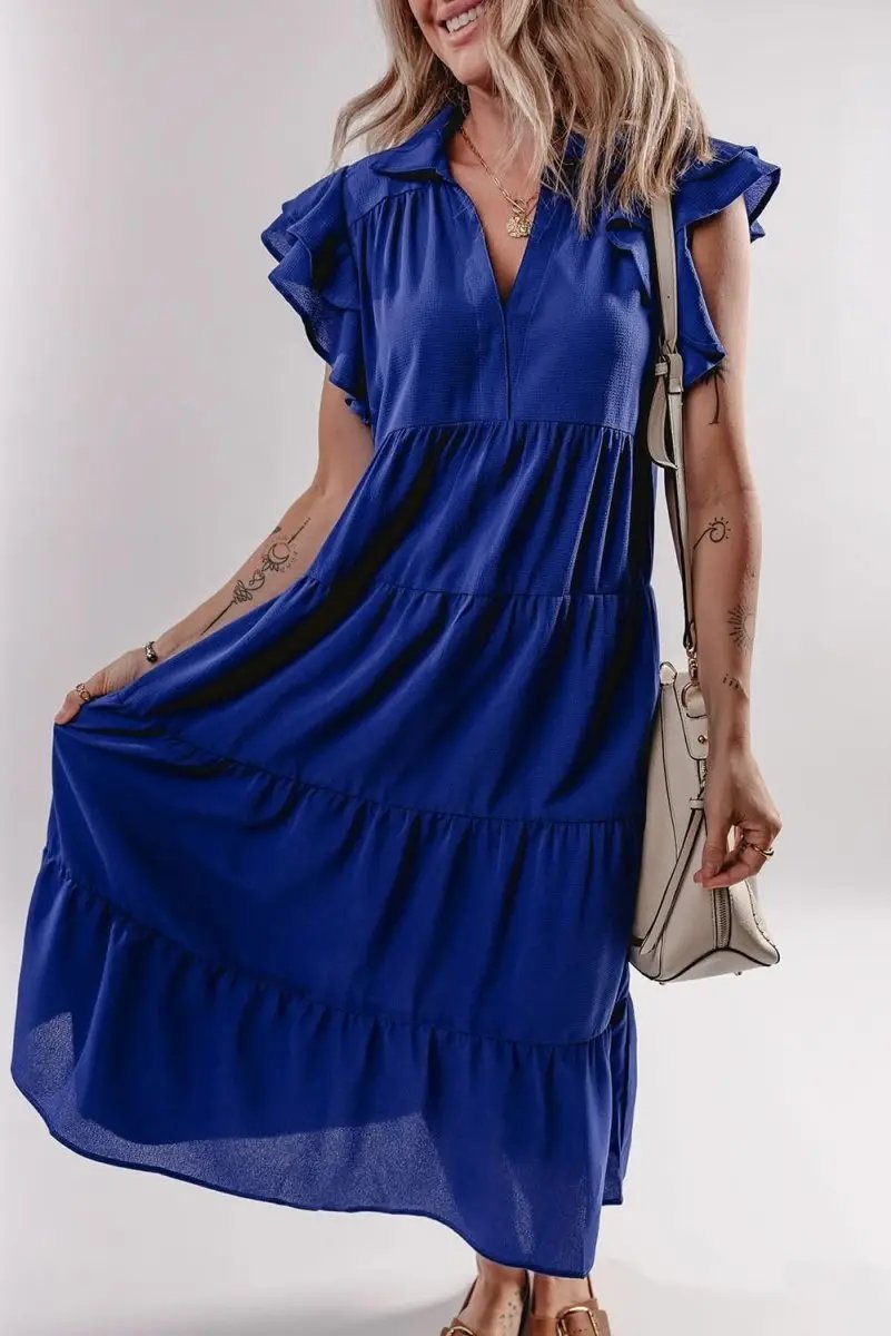 Love Salve Blue Midi Dress Women's Daily Casual Summer Ruffle Sleeve V Neck