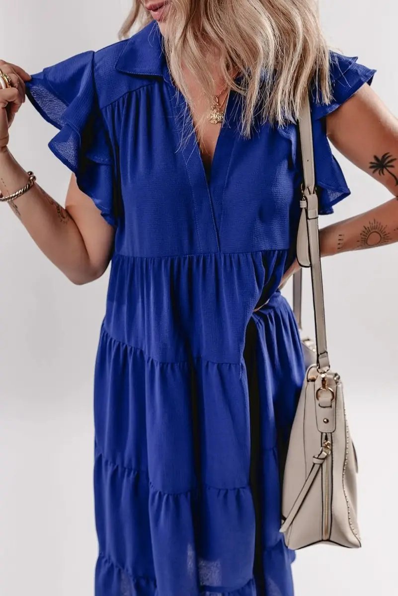 Love Salve Blue Midi Dress Women's Daily Casual Summer Ruffle Sleeve V Neck