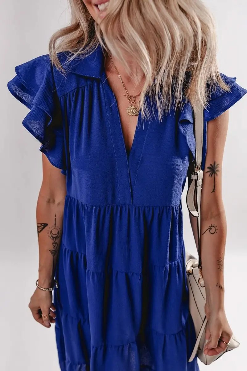 Love Salve Blue Midi Dress Women's Daily Casual Summer Ruffle Sleeve V Neck