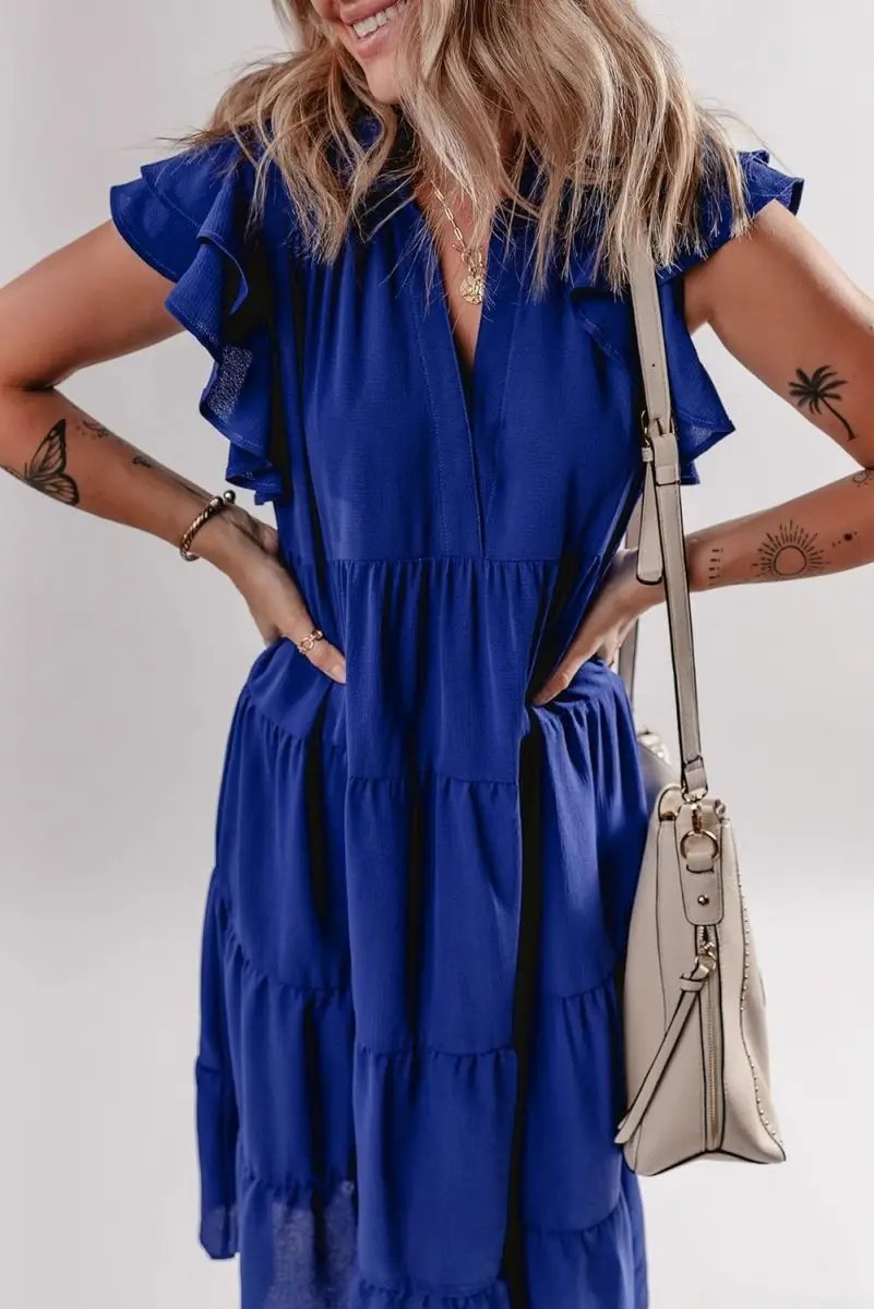 Love Salve Blue Midi Dress Women's Daily Casual Summer Ruffle Sleeve V Neck