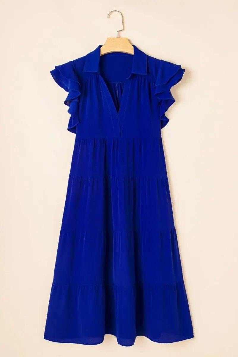 Love Salve Blue Midi Dress Women's Daily Casual Summer Ruffle Sleeve V Neck