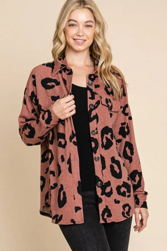 Trendsi Animal Print Knit Shacket Women's Casual Button Up Shirt - Soft, USA Ship