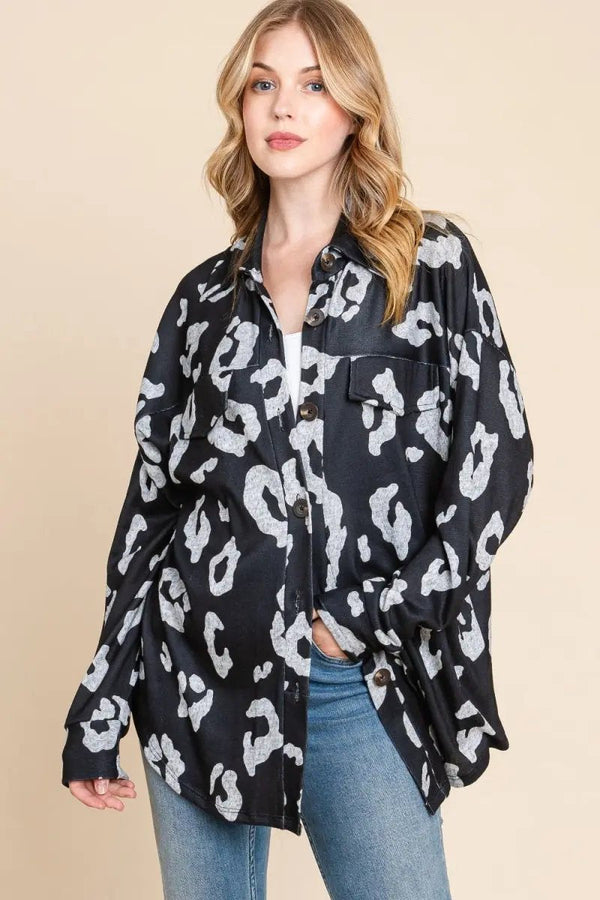 Trendsi Animal Print Knit Shacket Women's Casual Button Up Shirt - Soft & Stylish