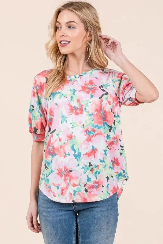 Trendsi Floral Puff Sleeve Top Women's Casual Cute Shirt Soft Fabric