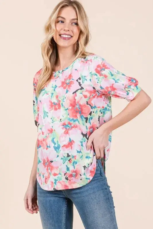 Trendsi Floral Puff Sleeve Top Women's Casual Cute Shirt Soft Fabric