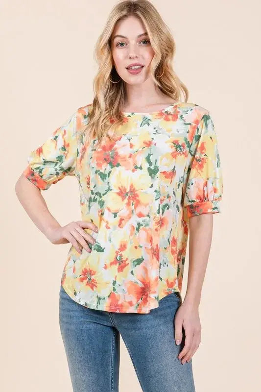 Trendsi Floral Puff Sleeve Top Women's Casual Cute Shirt Chic Blouse