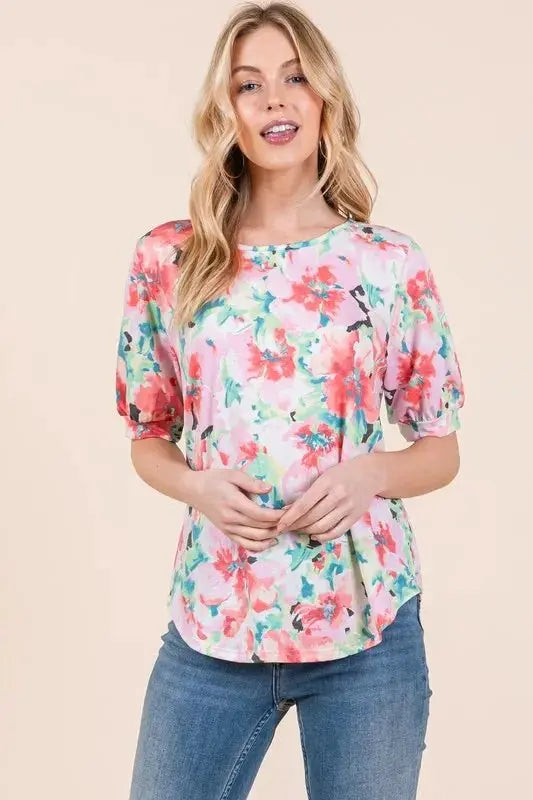 Trendsi Floral Puff Sleeve Top Women's Casual Cute Shirt Soft Fabric