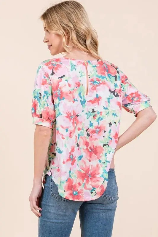 Trendsi Floral Puff Sleeve Top Women's Casual Cute Shirt Soft Fabric