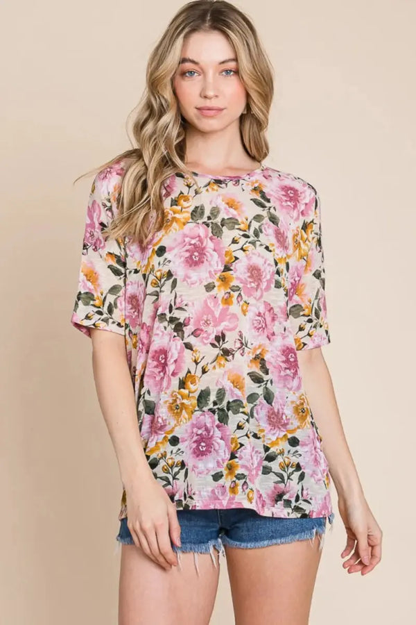 Trendsi Floral Round Neck Women's Casual T-Shirt - Soft & Comfy Top