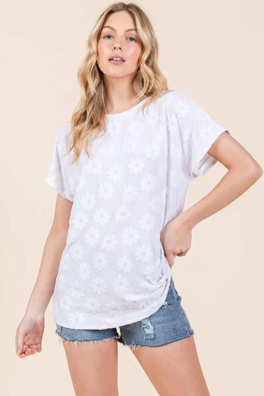 Trendsi Floral Textured Tee Women's Casual Short Sleeve T-Shirt USA Ship