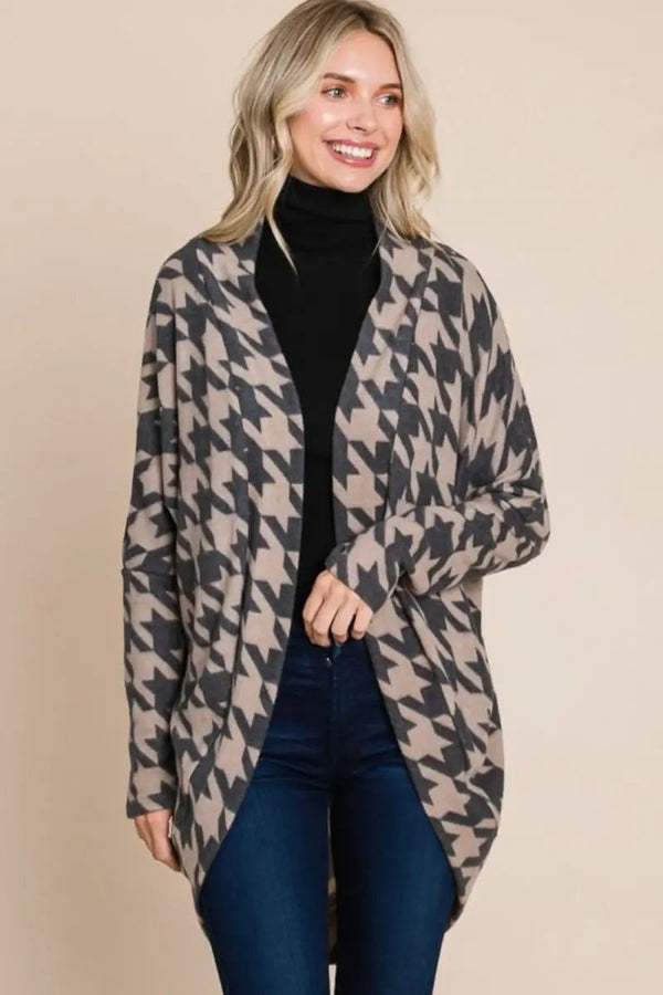 Trendsi Houndstooth Cardigan Women's Open Front Knit Sweater - Cozy & Chic