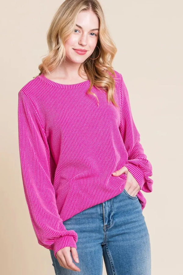 Trendsi Ribbed Long Sleeve Top Women's Everyday Curved Hem T-Shirt Soft & Stylish