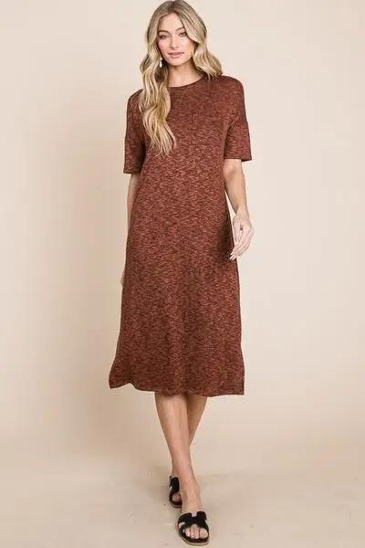 Trendsi Midi Dress Women's Everyday Round Neck Side Slit Casual Dress - Comfortable & Chic