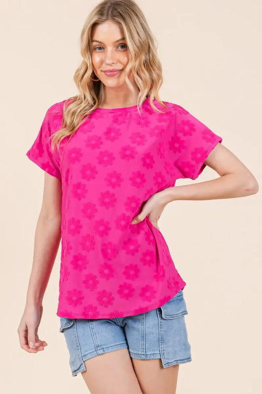 Women's Tee - Floral Textured - Short Sleeve Casual Top