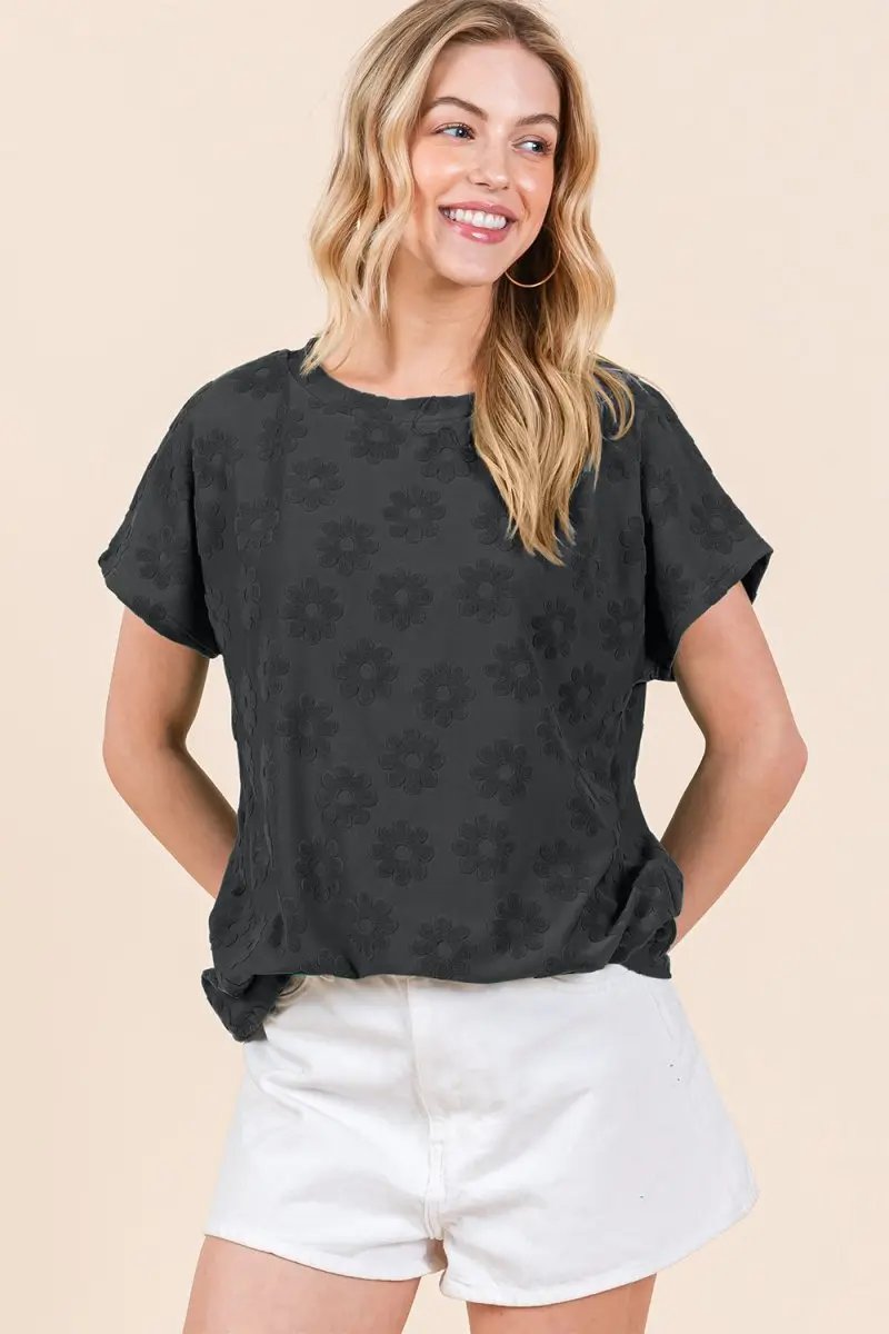 Trendsi Floral Textured Tee Women's Casual Top Short Sleeve T-Shirt Soft & Stylish