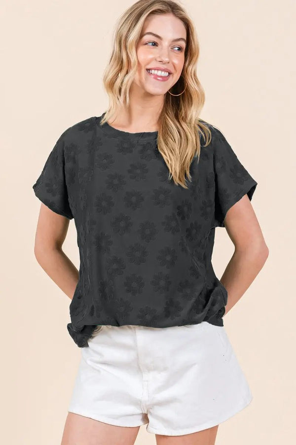 Trendsi Floral Textured Tee Women's Casual Top Short Sleeve T-Shirt Soft & Stylish