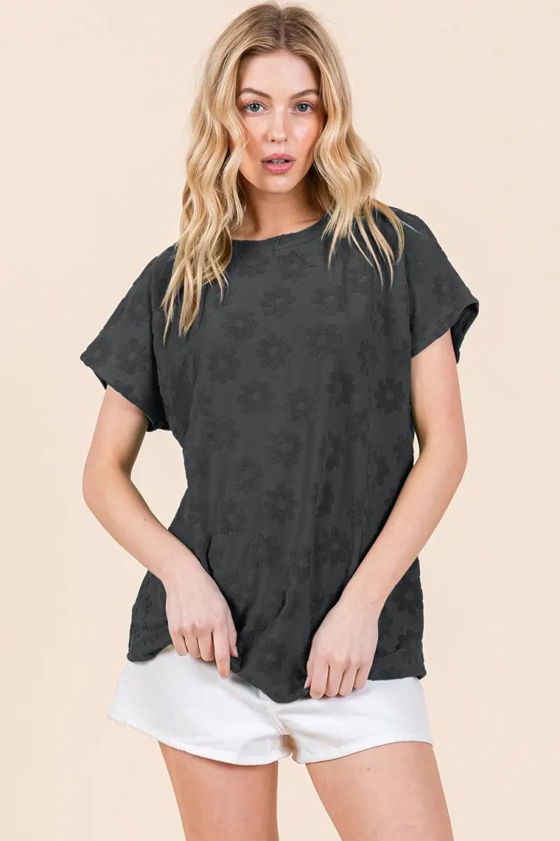 Trendsi Floral Textured Tee Women's Casual Top Short Sleeve T-Shirt Soft & Stylish
