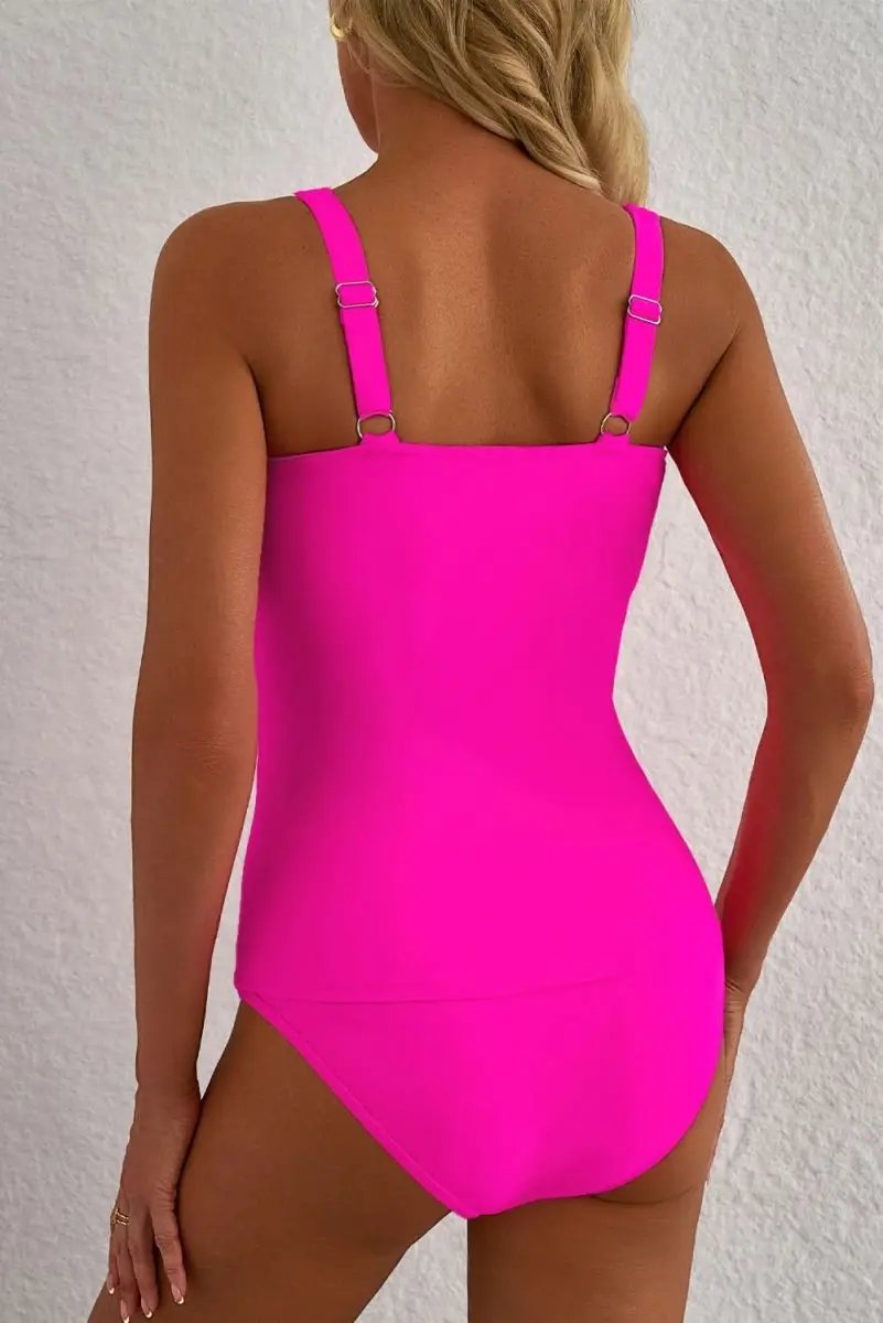 Love Salve Pink Tankini Set Women's Vacation Swimsuit Ruched Control Top