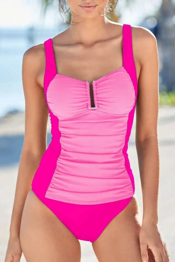 Love Salve Pink Tankini Set Women's Vacation Swimsuit Ruched Control Top