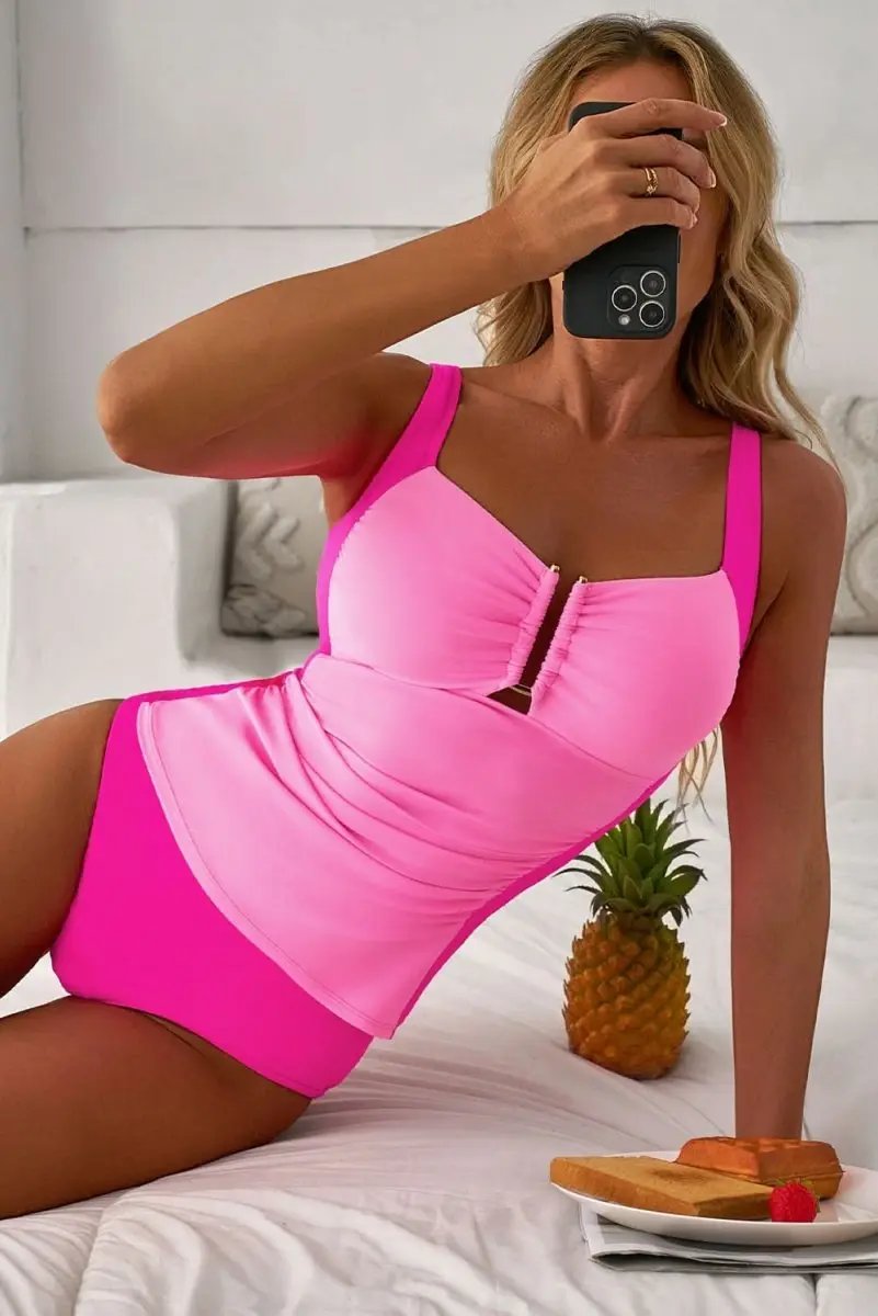 Love Salve Pink Tankini Set Women's Vacation Swimsuit Ruched Control Top