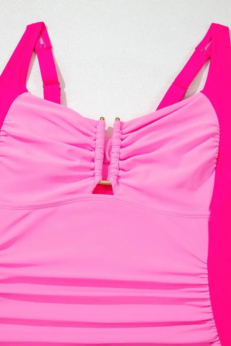 Love Salve Pink Tankini Set Women's Vacation Swimsuit Ruched Control Top
