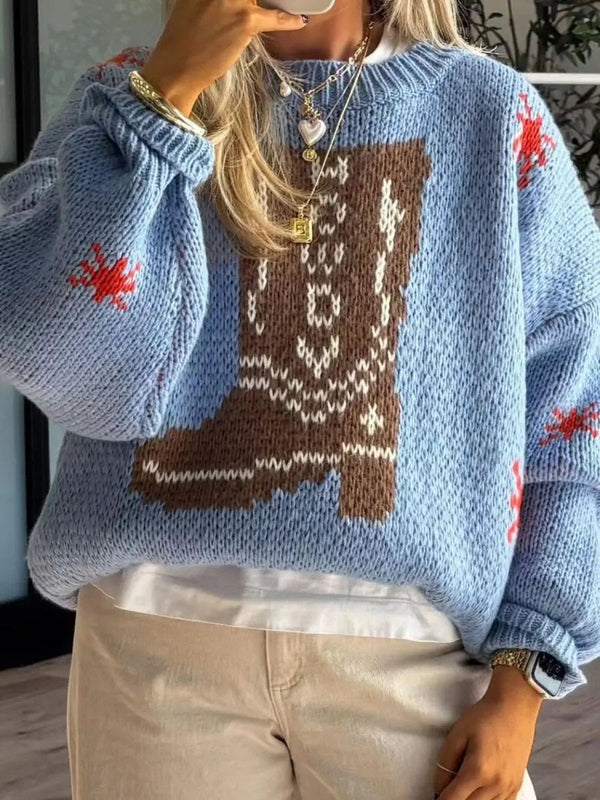 Trendsi Boot Pattern Sweater Women's Casual Round Neck Pullover Comfortable