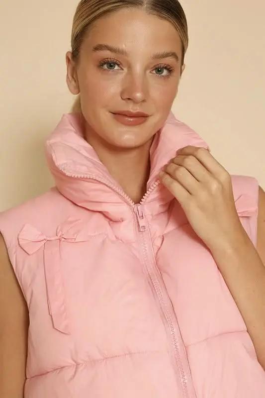 Cropped Puffer Vest - Bow Detail & Lightweight - Trendy Fashion