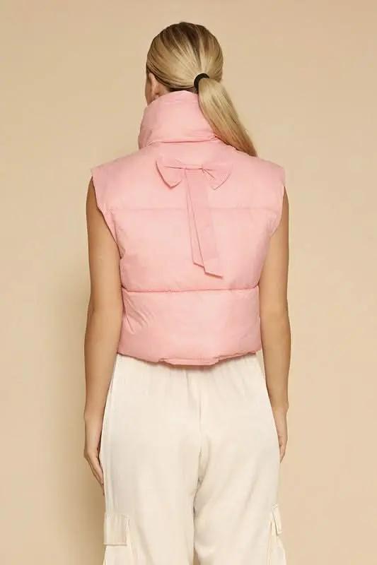 Cropped Puffer Vest - Bow Detail & Lightweight - Trendy Fashion