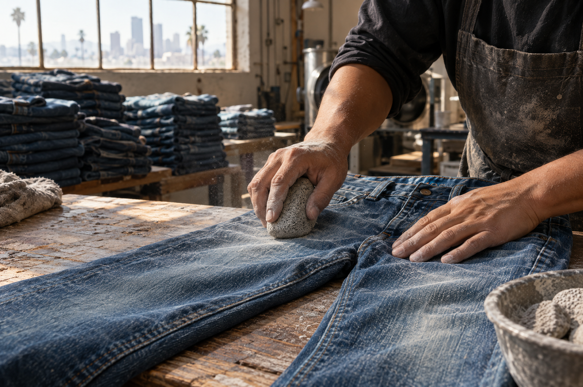 Hands finishing a pair of jeans with pumice in a sunlit Los Angeles wash house