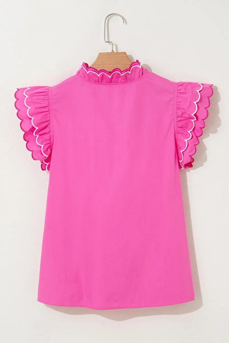 Love Salve Pink Scallop Blouse Women's Daily Southern Belle Top Ruffle Sleeve V Neck