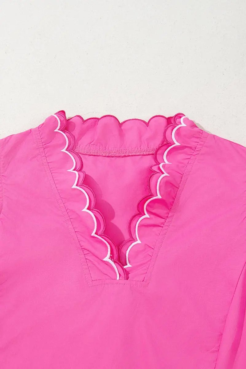 Love Salve Pink Scallop Blouse Women's Daily Southern Belle Top Ruffle Sleeve V Neck