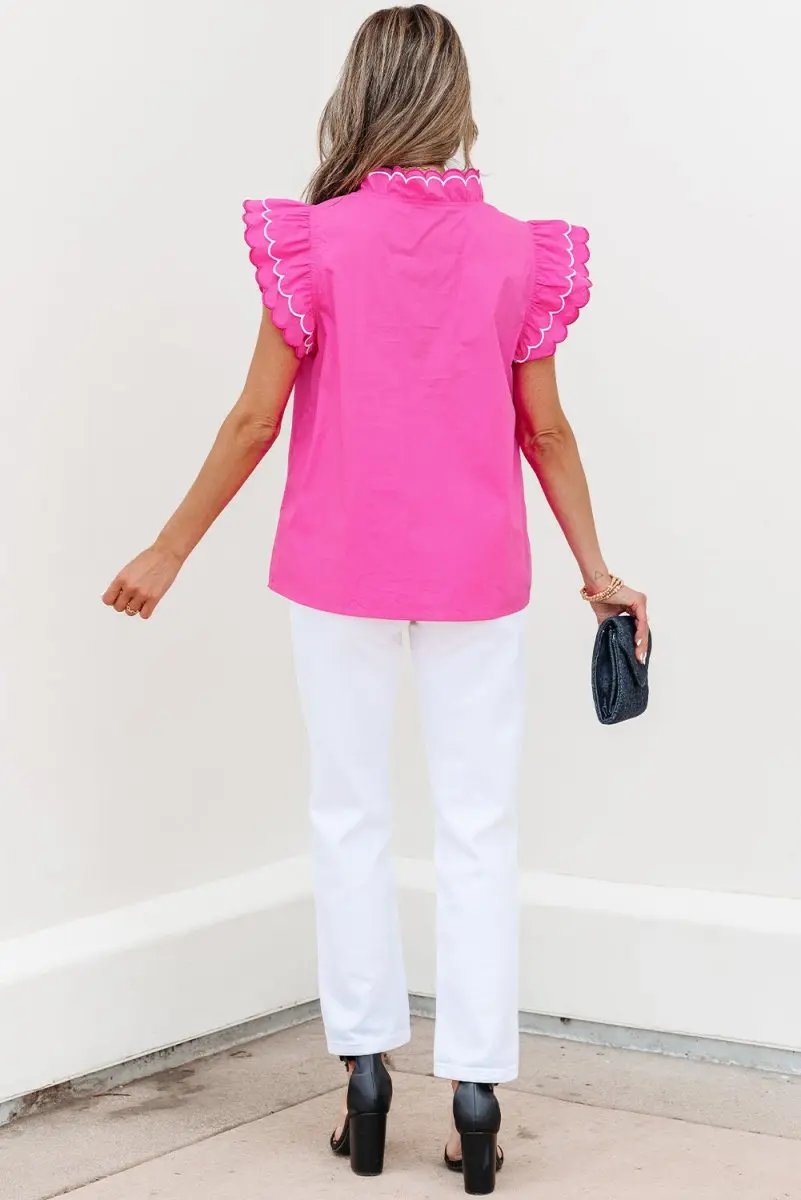 Love Salve Pink Scallop Blouse Women's Daily Southern Belle Top Ruffle Sleeve V Neck