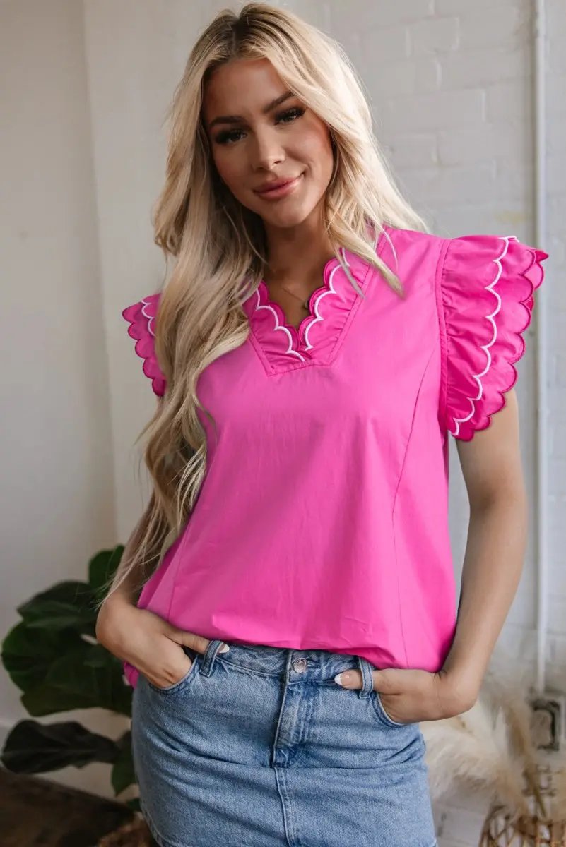 Love Salve Pink Scallop Blouse Women's Daily Southern Belle Top Ruffle Sleeve V Neck