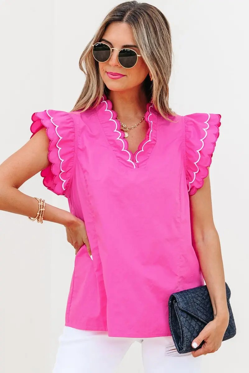 Love Salve Pink Scallop Blouse Women's Daily Southern Belle Top Ruffle Sleeve V Neck