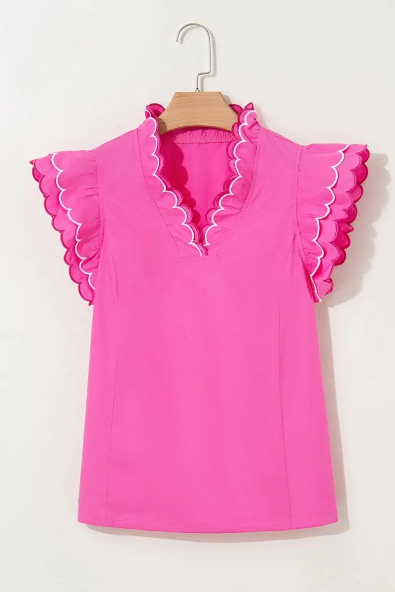 Love Salve Pink Scallop Blouse Women's Daily Southern Belle Top Ruffle Sleeve V Neck