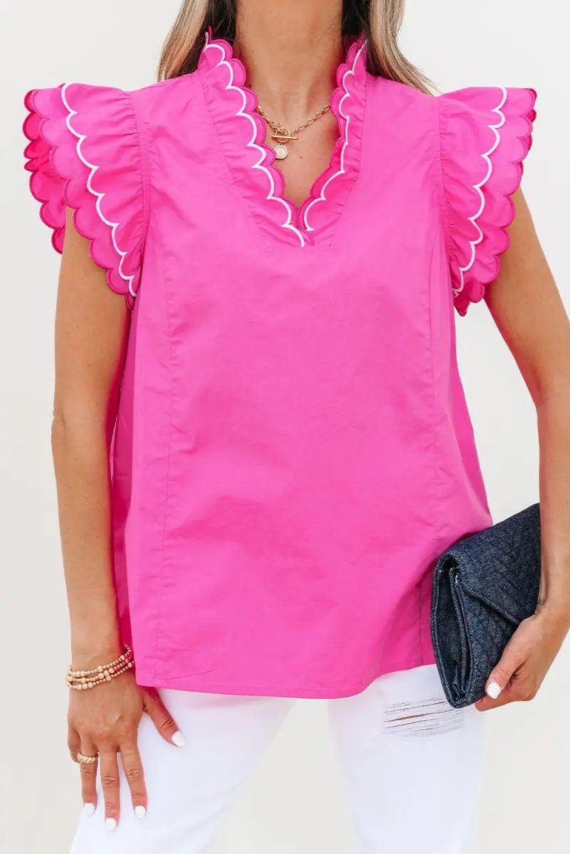 Love Salve Pink Scallop Blouse Women's Daily Southern Belle Top Ruffle Sleeve V Neck