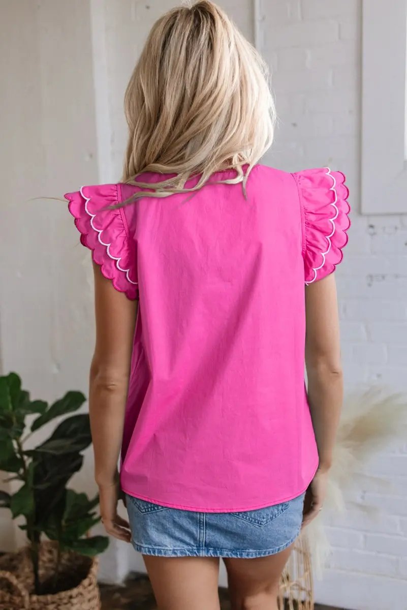 Love Salve Pink Scallop Blouse Women's Daily Southern Belle Top Ruffle Sleeve V Neck