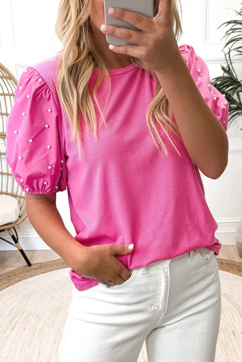 Love Salve Pink Ribbed Top Women's Daily Wear Puff Sleeve Fashion Tee - Beaded Detail