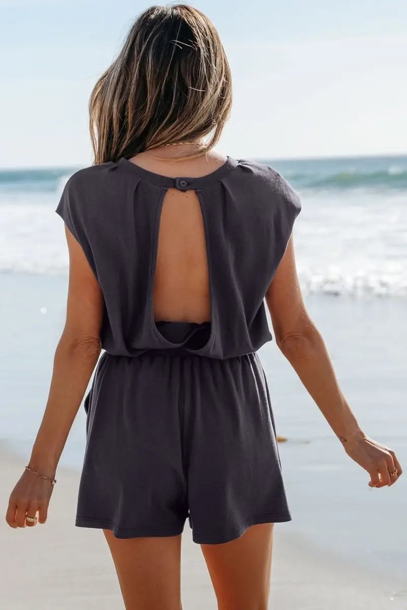 Love Salve Black Knit Romper Women's Daily Wear Casual Summer One-Piece Open Back, Drawstring