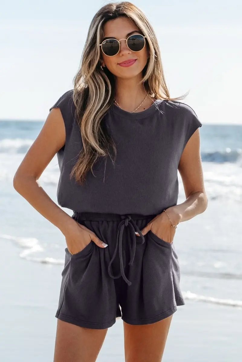 Love Salve Black Knit Romper Women's Daily Wear Casual Summer One-Piece Open Back, Drawstring
