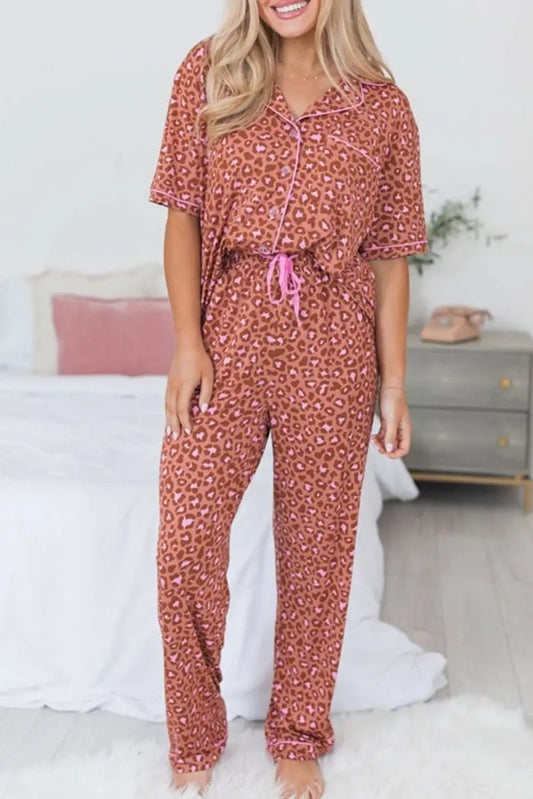 Love Salve Brown Leopard Pajama Set Women's Loungewear Comfy Sleepwear