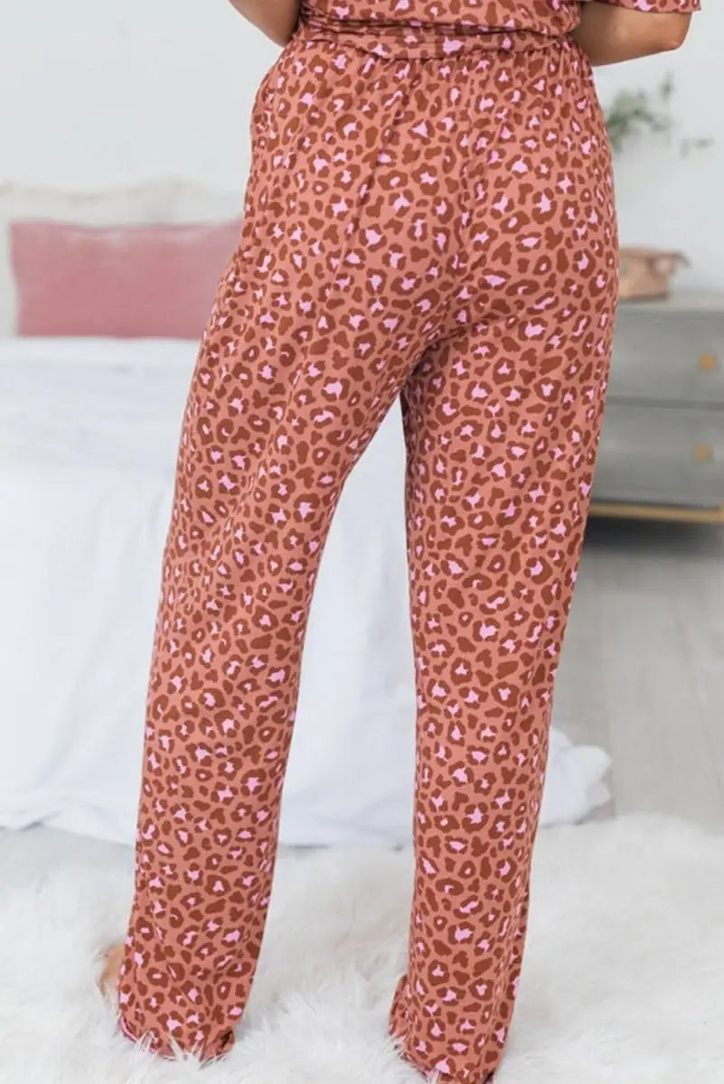Love Salve Brown Leopard Pajama Set Women's Loungewear Comfy Sleepwear