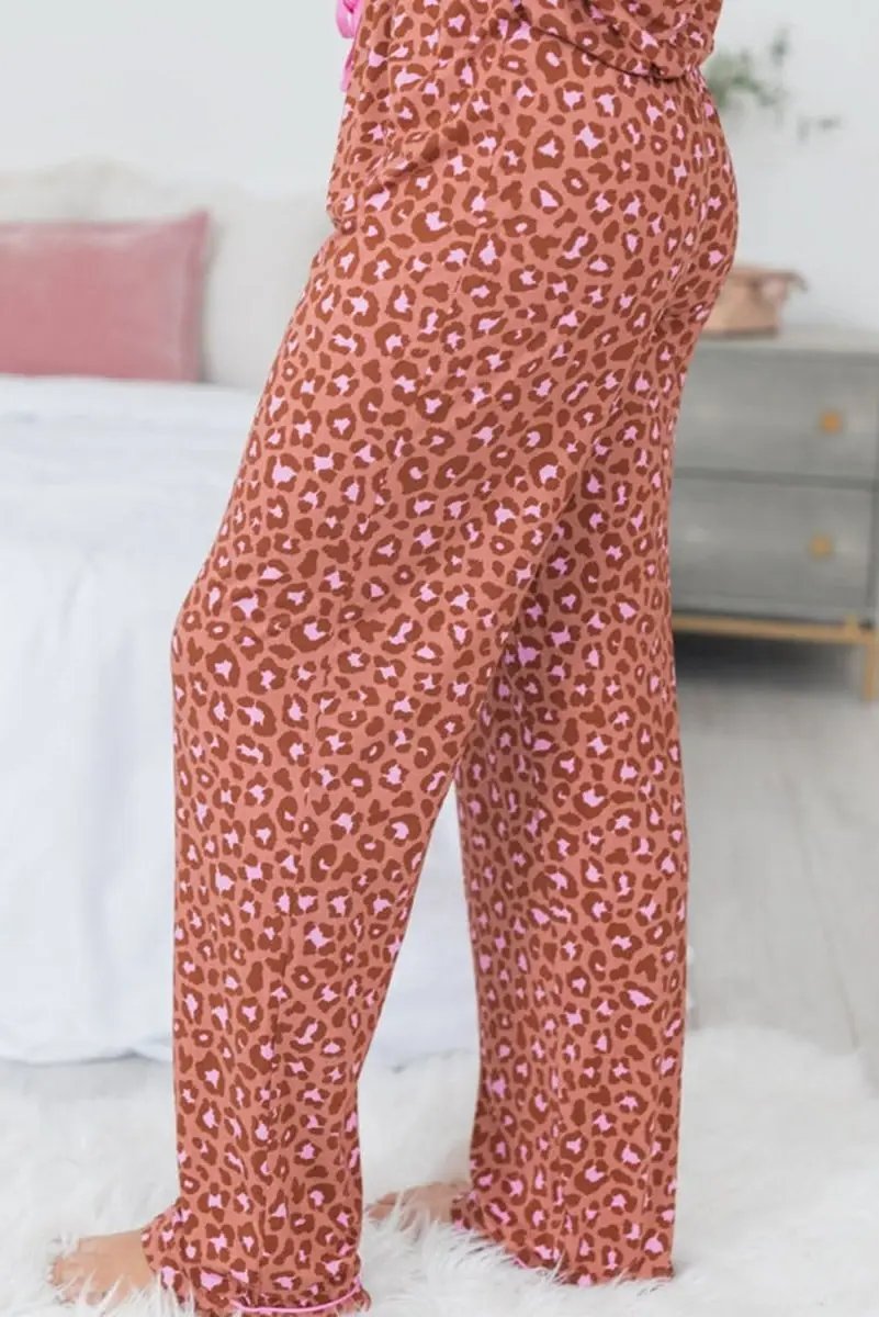 Love Salve Brown Leopard Pajama Set Women's Loungewear Comfy Sleepwear