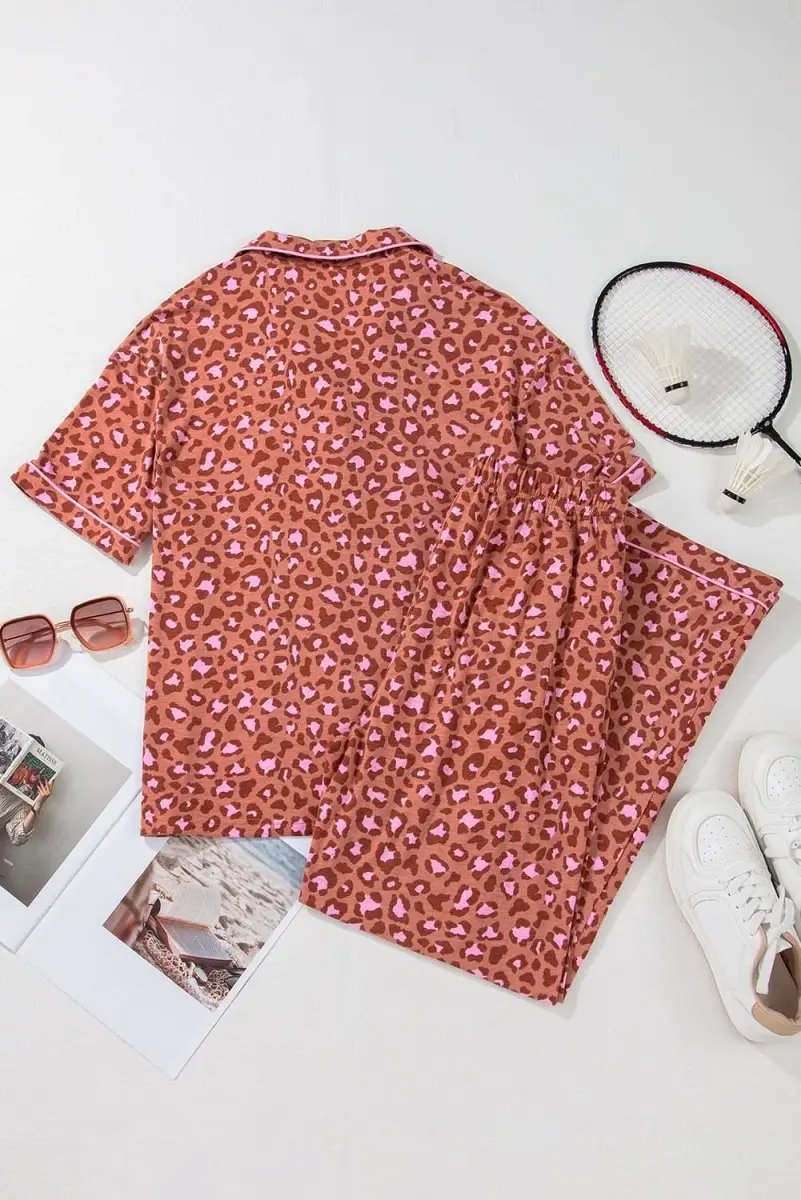 Love Salve Brown Leopard Pajama Set Women's Loungewear Comfy Sleepwear