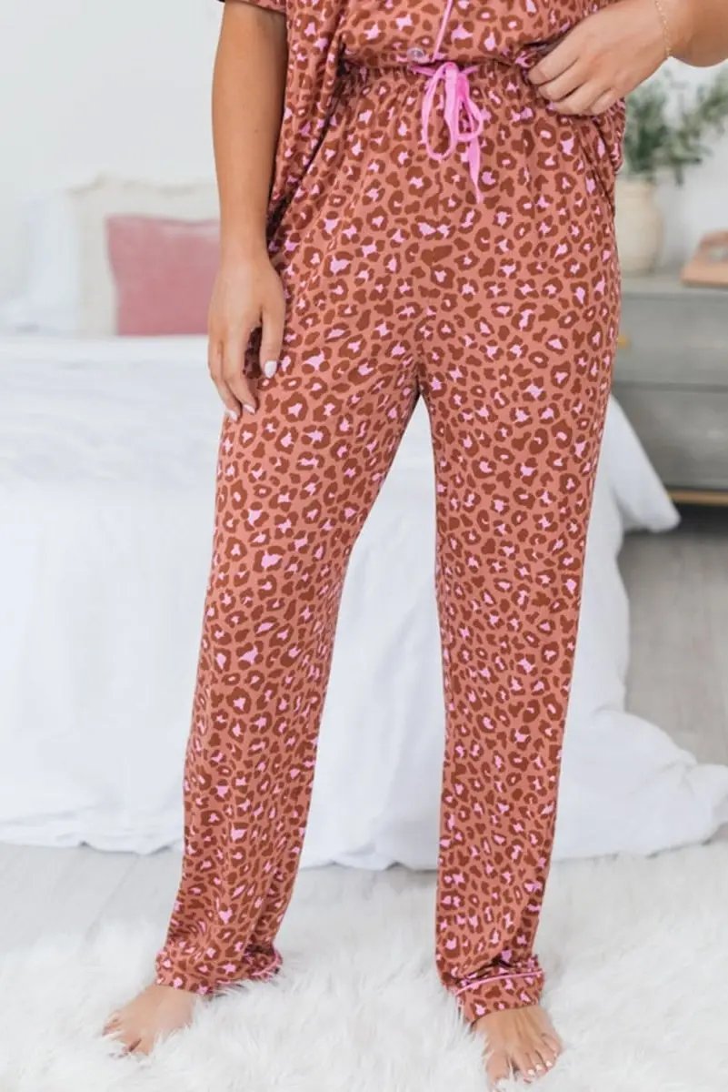 Love Salve Brown Leopard Pajama Set Women's Loungewear Comfy Sleepwear