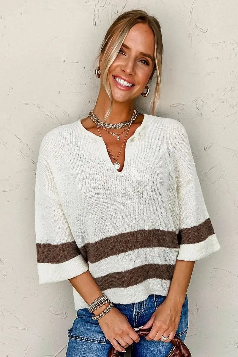 Women's Cropped Sweater - Brown Striped V-Neck - Trendy & Comfy