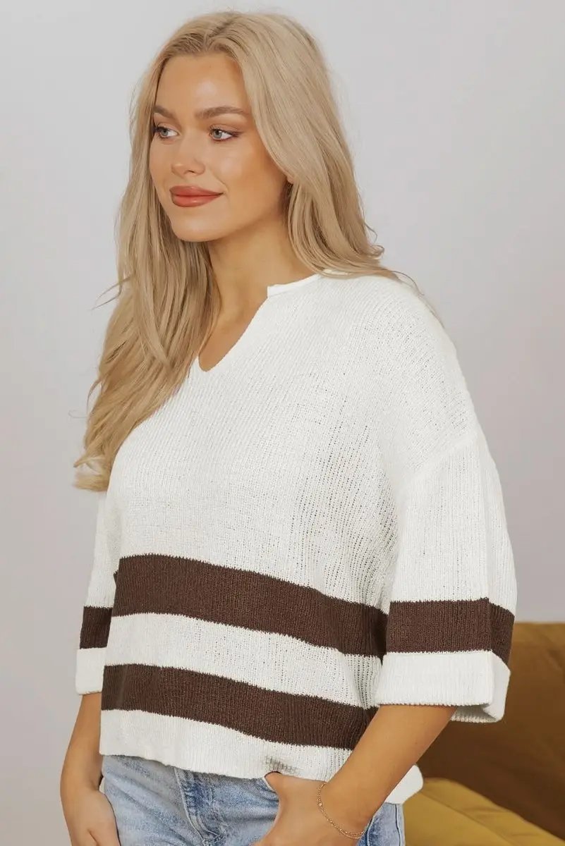 Women's Cropped Sweater - Brown Striped V-Neck - Trendy & Comfy