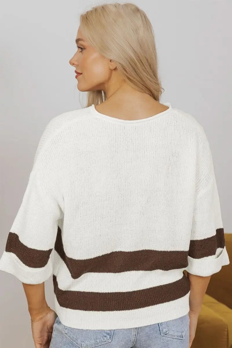 Women's Cropped Sweater - Brown Striped V-Neck - Trendy & Comfy