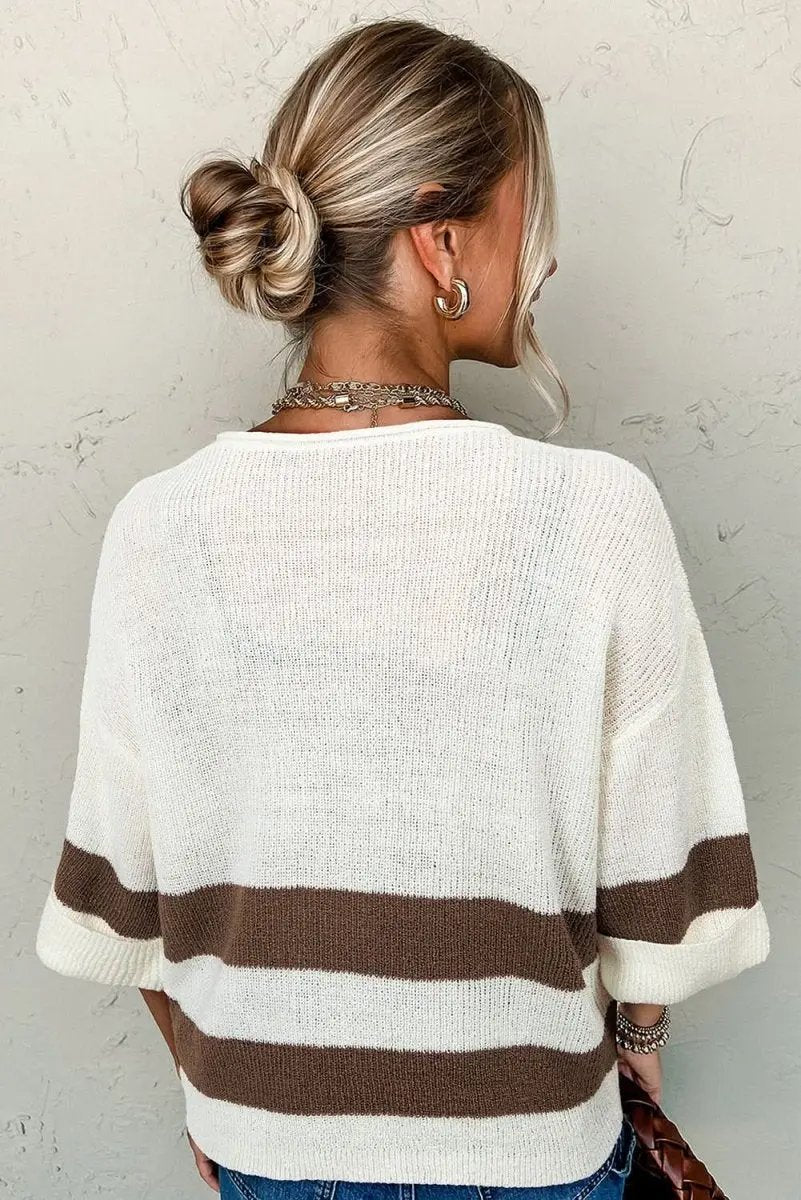 Women's Cropped Sweater - Brown Striped V-Neck - Trendy & Comfy