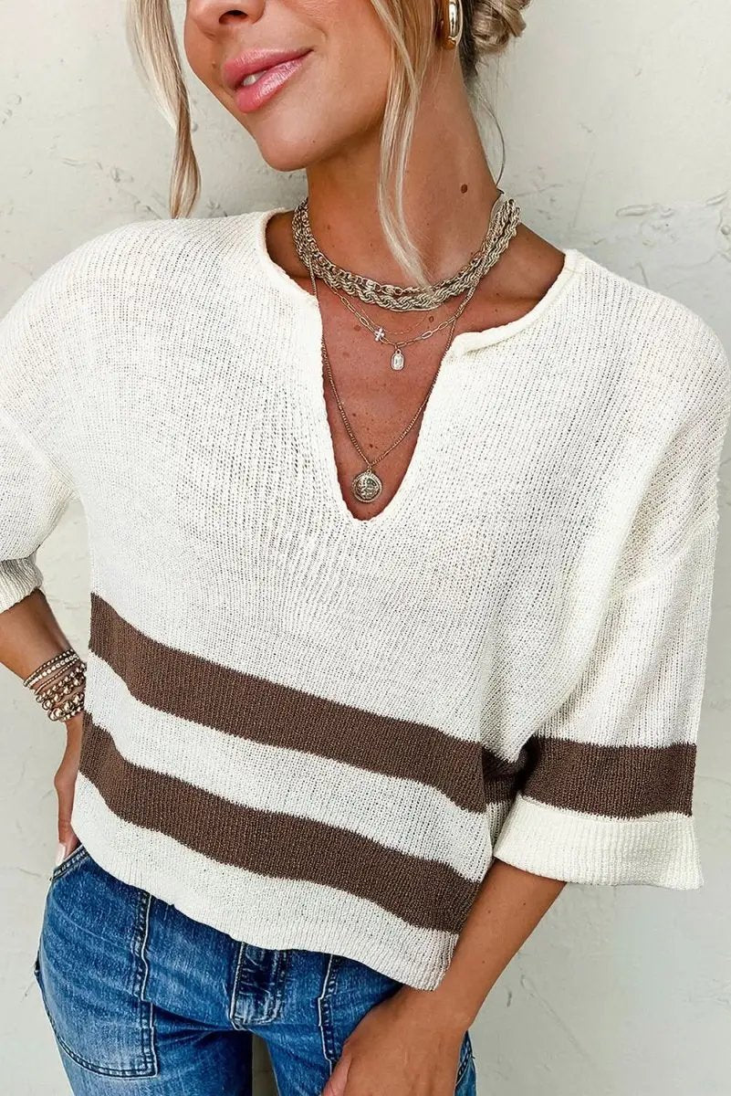 Women's Cropped Sweater - Brown Striped V-Neck - Trendy & Comfy